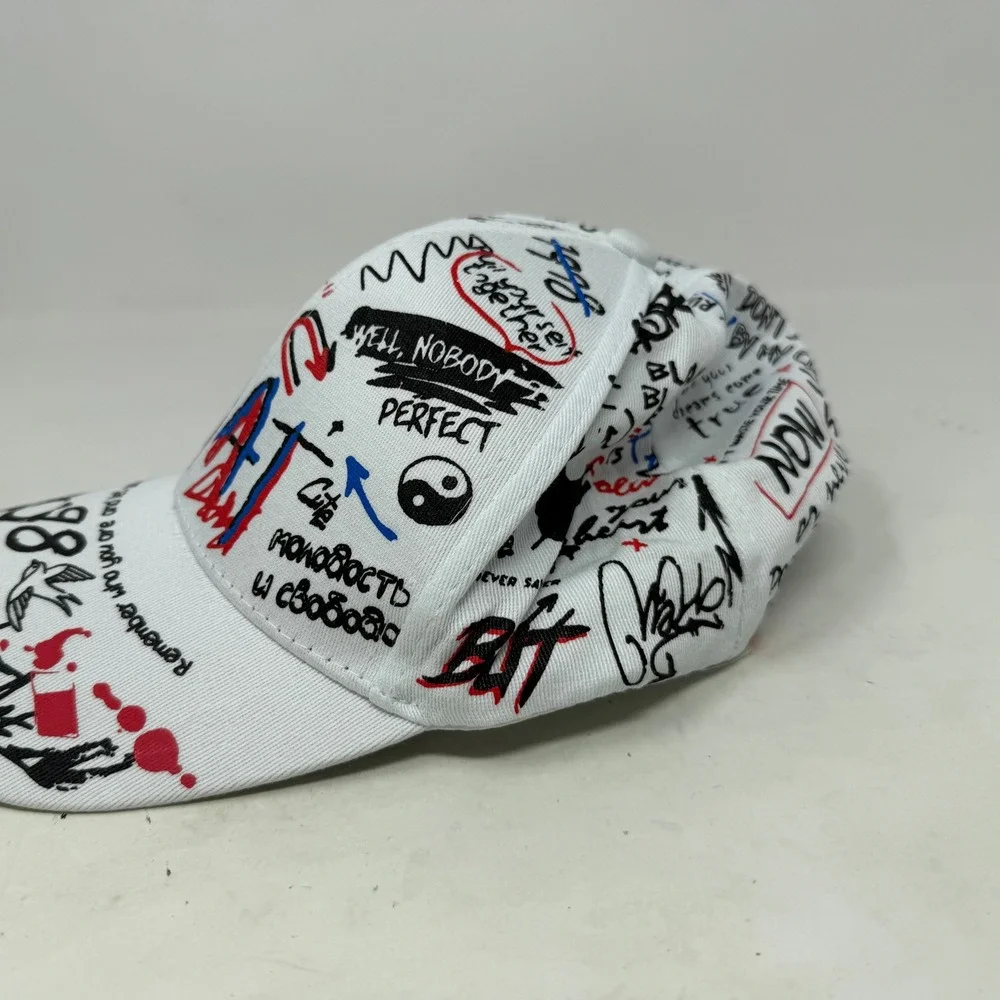 White Graffiti Print Baseball Cap Streetwear Adjustable Graphic Hat All Over
